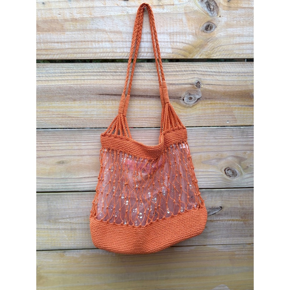 Cappelli Straw World Orange Crochet Net Sequin Shoulder Bag Boho Beach Tote